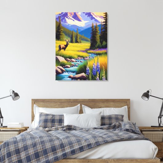 Herten Rocky Mountain Spring Meadow Sunshine Lupin Canvas Afdruk (Insitu (Slaapkamer))