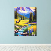 Herten Rocky Mountain Spring Meadow Sunshine Lupin Canvas Afdruk (Insitu (Houten vloer))