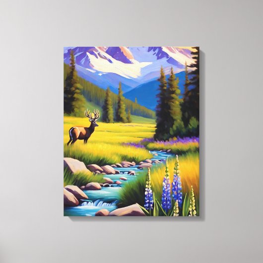 Herten Rocky Mountain Spring Meadow Sunshine Lupin Canvas Afdruk (Voorkant)