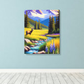 Herten Rocky Mountain Spring Meadow Sunshine Lupin Canvas Afdruk (Insitu (Houten vloer))