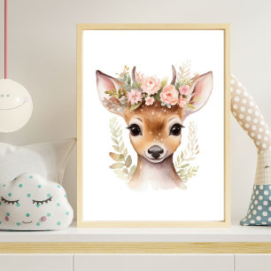 Herten Roze Bloem Meisjes Nursery Print Poster