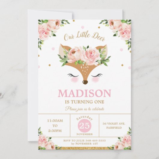 Herten Roze Bloemen Woodland Dieren Verjaardagsfee Kaart (Voorkant)