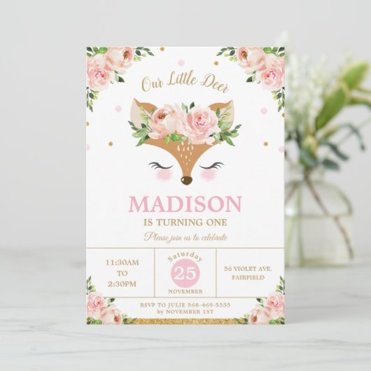 Herten Roze Bloemen Woodland Dieren Verjaardagsfee Kaart (Staand voorkant)