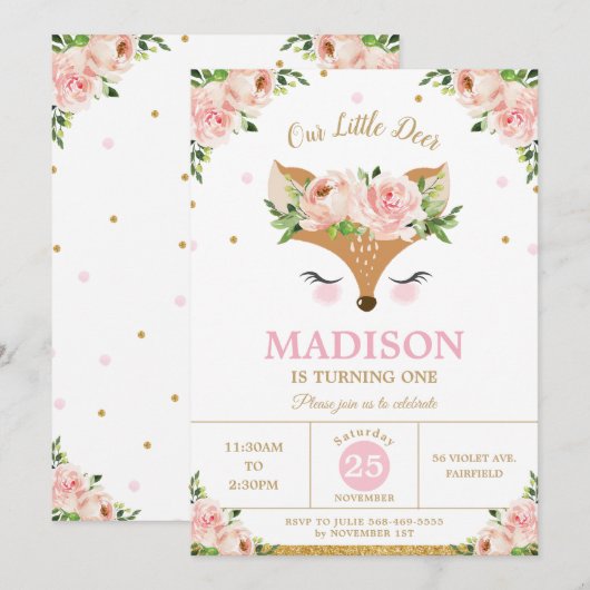 Herten Roze Bloemen Woodland Dieren Verjaardagsfee Kaart (Voorkant / Achterkant)