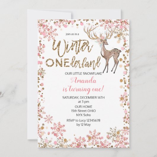 Herten Roze Glitter Winter Verjaardag Uitnodiging (Voorkant)