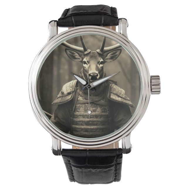 herten samurai Battlefield zwart lederen horloge (Voorkant)