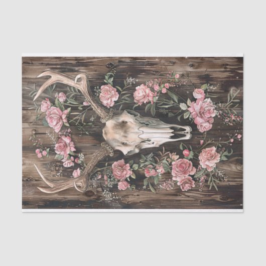 Herten schedel Waterverf Roze Bloemen Decoupage Tissuepapier (Voorkant)