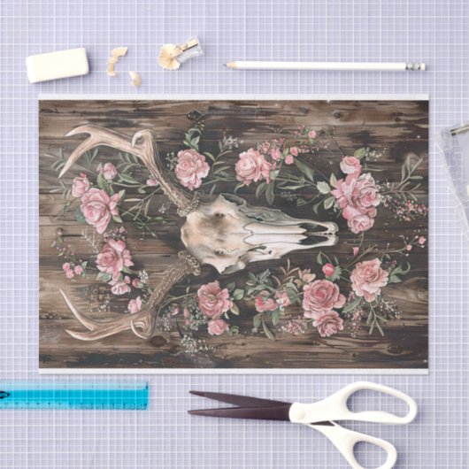 Herten schedel Waterverf Roze Bloemen Decoupage Tissuepapier (Craft)