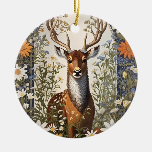 Herten te midden van madeliefjes keramisch ornament (Voorkant)
