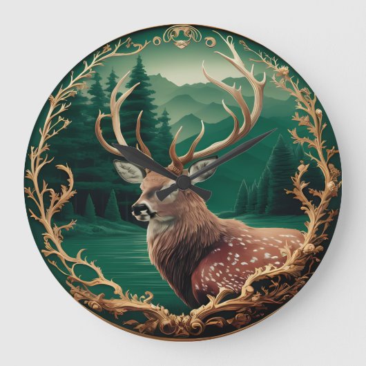 Herten tegen een bergbos grote klok (Voorkant)