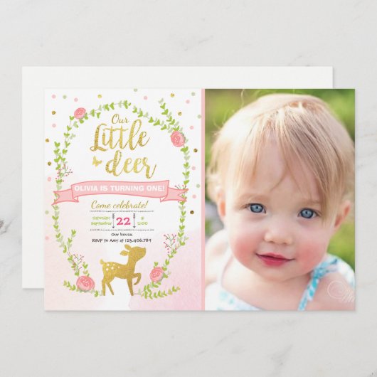 Herten verjaardagsuitnodiging Meisje Pink Gold Woo Kaart (Voorkant / Achterkant)