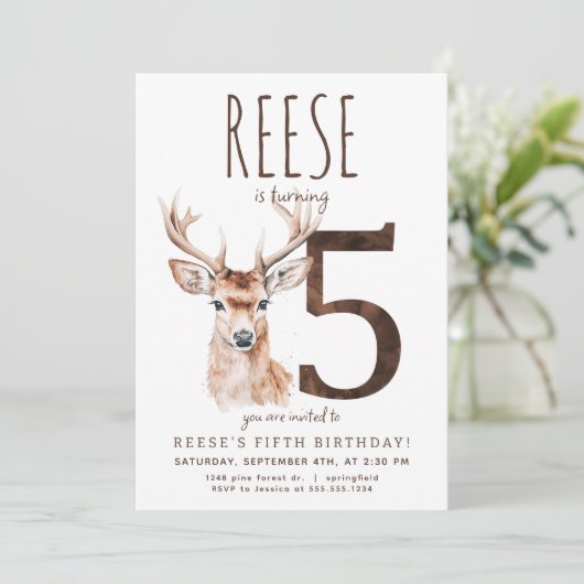 Herten vijfde verjaardag uitnodiging (Staand voorkant)