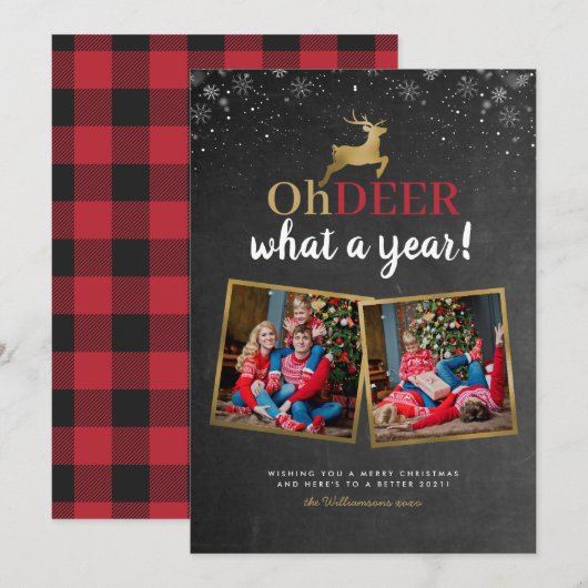 Herten wat een jaar! Tartan Chalkboard 2 Foto Feestdagenkaart (Voorkant / Achterkant)