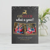 Herten wat een jaar! Tartan Chalkboard 2 Foto Feestdagenkaart (Staand voorkant)