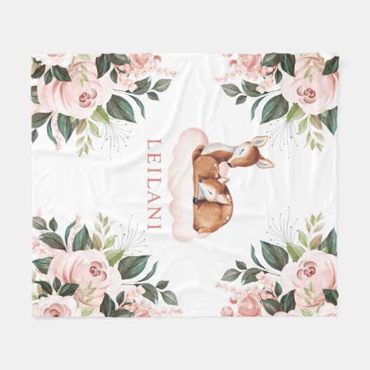 Herten Waterverf Roze Bloemen Custom Fleece Deken (Voorkant (Horizontaal))