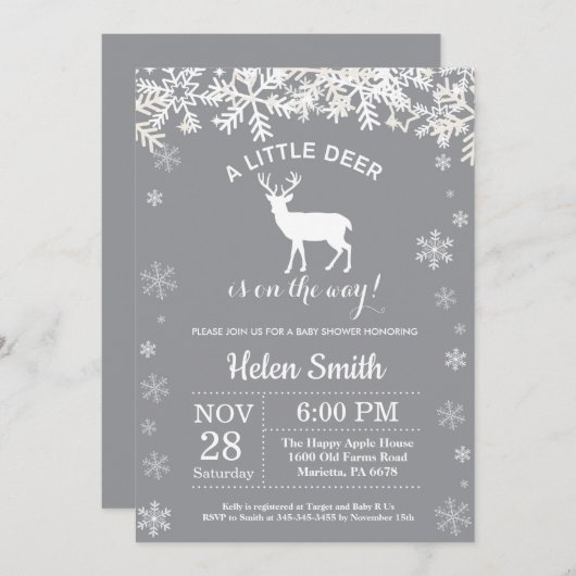 Herten Winter Baby shower Sneeuwvlok Uitnodiging (Voorkant / Achterkant)