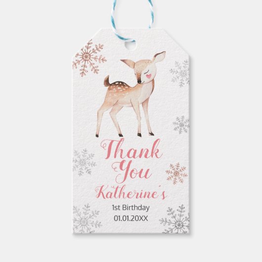 Herten Winter ONEderland 1e Verjaardag Roos Goud Cadeaulabel (Voorkant)