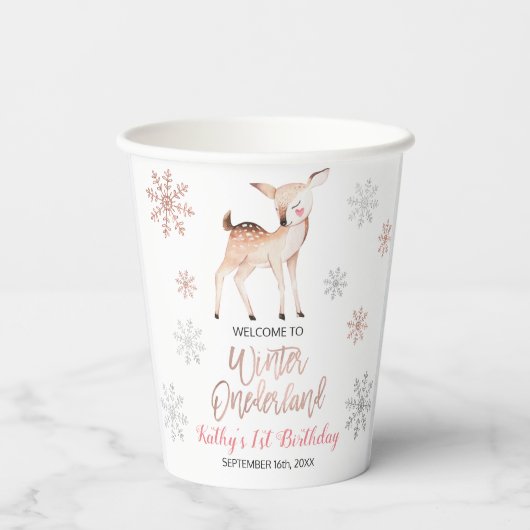 Herten Winter ONEderland 1e Verjaardag Roos Goud Papieren Bekers (Achterkant)