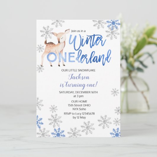 Herten Winter ONEderland Sneeuw Verjaardag Uitnodi Kaart (Staand voorkant)