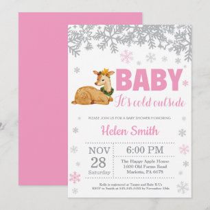 Herten Winter Roze Meisje Baby Shower Sneeuwvlok Kaart