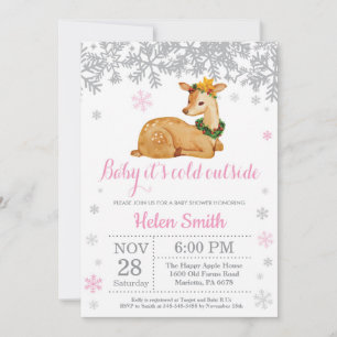 Herten Winter Roze Meisje Baby Shower Sneeuwvlok Kaart