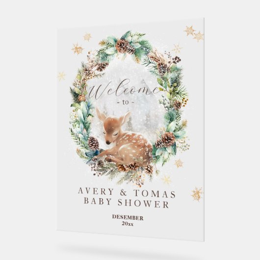 Herten Winter Woodland Koud Buiten Baby shower Acryl Bord (Hoek)