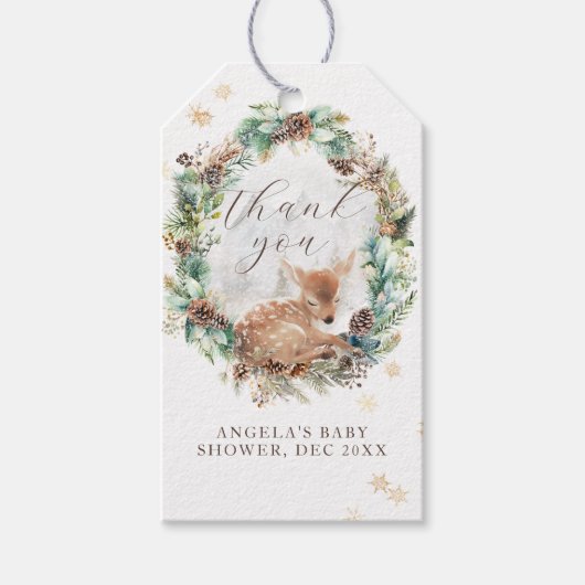Herten Winter Woodland Koud Buiten Baby shower Cadeaulabel (Voorkant)