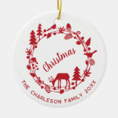 Herten Woodland Krans Gepersonaliseerde Kerst Keramisch Ornament (Voorkant)
