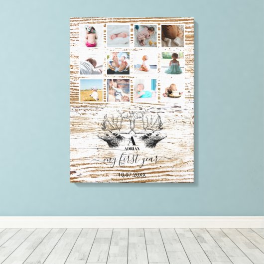 Hertenbaby Eerste Jaar Fotocollage Canvas Afdruk (Insitu (Houten vloer))