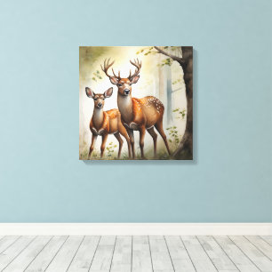 Hertenfamilie in bosvlakte-wildlife canvas afdruk