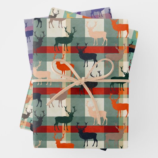 Hertenfeest Schotse Ruit Hert met Gewei  Inpakpapier Vel (In situ)