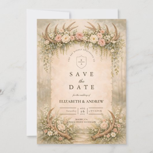 Hertenfloralen Bos Bruiloft Save The Date (Voorkant)