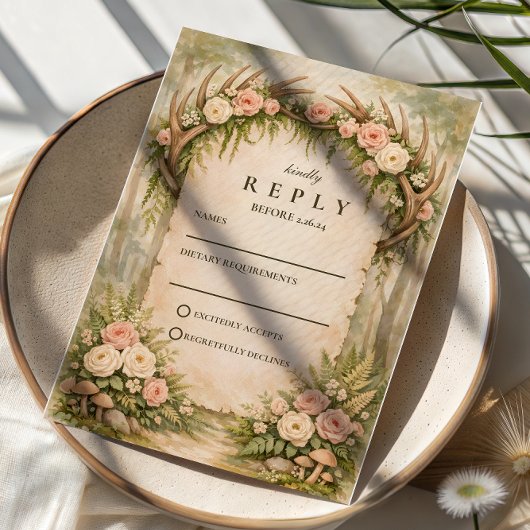 Hertengewei Botanische Rustieke Bruiloft RSVP Kaartje