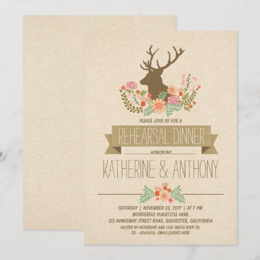 Hertengewei romantisch rustiek repetitie diner kaart (Voorkant / Achterkant)