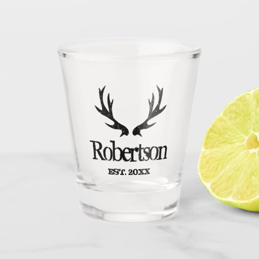 hertengeweien, aangepaste benaming alcohol shot glas (Voorkant)