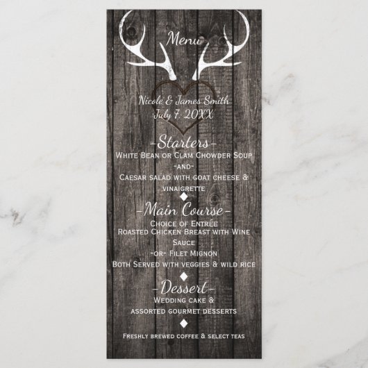 Hertengeweien en gesneden hart trouwmenu op rustie menu (Voorkant)