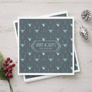 Hertengeweien Kerstpatroon Teal ID861 Servet