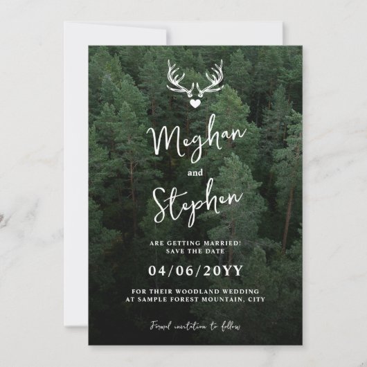 Hertengeweih Bos Dennenboom Bos Bruiloft Save The Date (Voorkant)