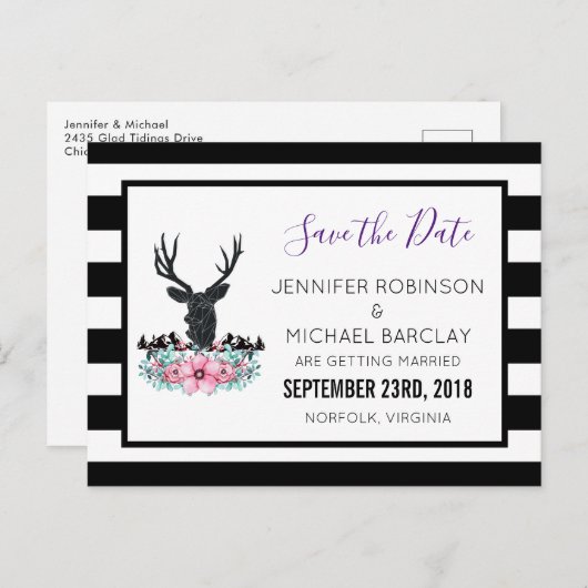 Hertenhoofd met bloemen & bergen Bewaar de datum Aankondigingskaart (Voorkant / Achterkant)