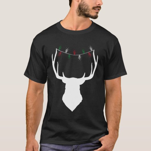Hertenhoofd met kerstverlichting op gewei t-shirt (Voorkant)