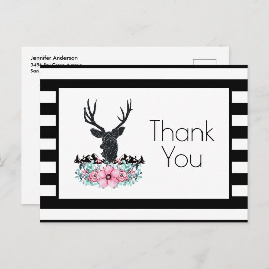 Hertenhoofd w / Bloemen & Bergen Party Dank u Briefkaart (Voorkant / Achterkant)