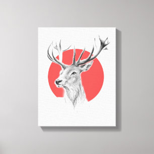 Hertenkop Herten tekening Rode cirkel Dierenkunst Canvas Afdruk