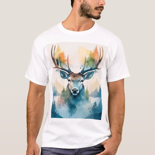 Hertenkop met gewei en bosbomen t-shirt (Voorkant)