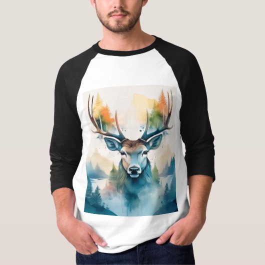 Hertenkop met gewei en bosbomen t-shirt (Voorkant)