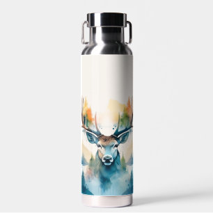 Hertenkop met gewei en bosbomen waterfles