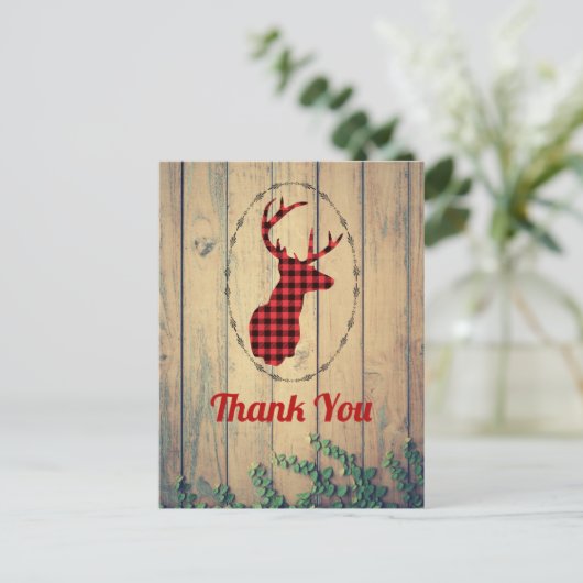 Hertenkop met gewei Rood geruit Rustic Bedankt Briefkaart (Staand voorkant)