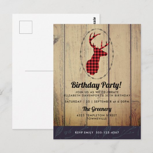 Hertenkop met Gewei - Rood Geruit Rustieke Verjaar Briefkaart (Voorkant / Achterkant)
