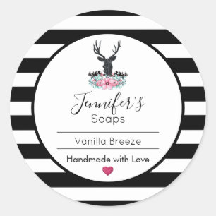 Hertenkop w / roze bloemen & bergen zeep / kaars ronde sticker