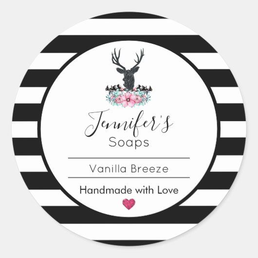 Hertenkop w / roze bloemen & bergen zeep / kaars ronde sticker (Voorkant)