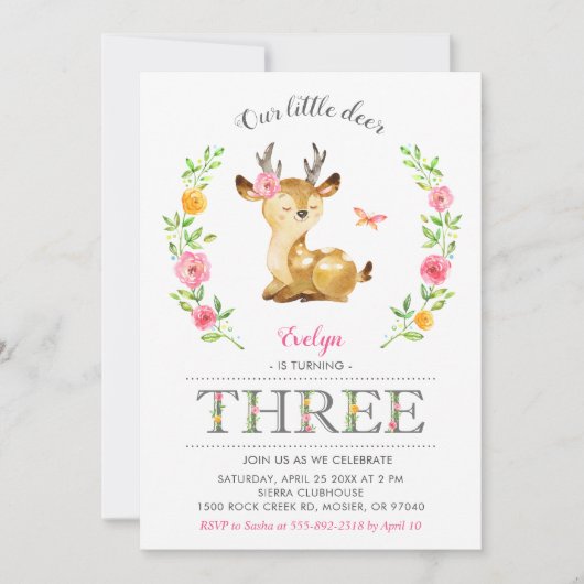 Hertenmeisje Woodland Floral Kinder 3e derde verja Kaart (Voorkant)